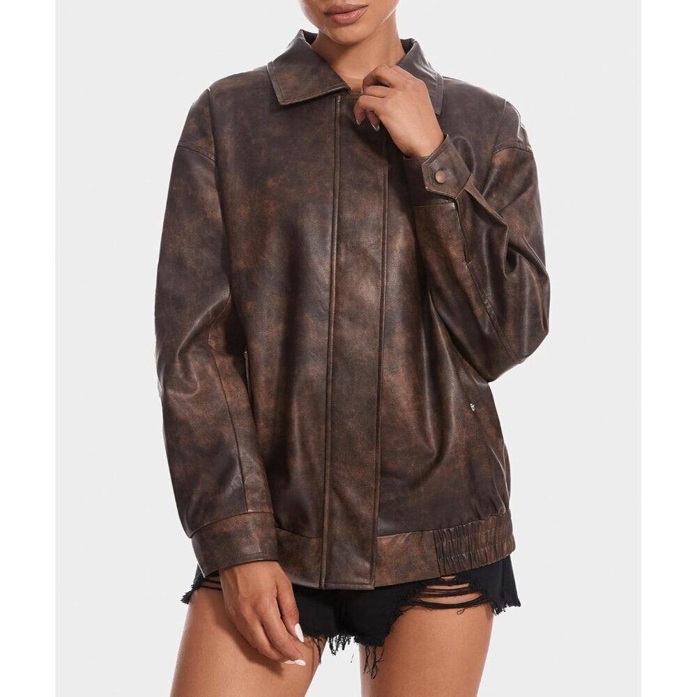 Women's Brown Faux Leather Jacket Oversized Motorcycle Zipper Bomber Coats - Picture 5 of 6